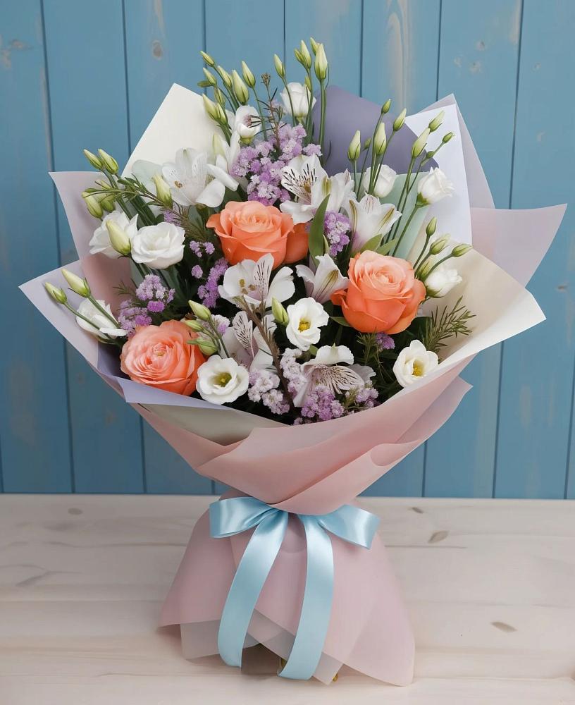 Букет цветов из: Лизиантусы, Розы, Альстромерии и Гипсофила в Старогладовской