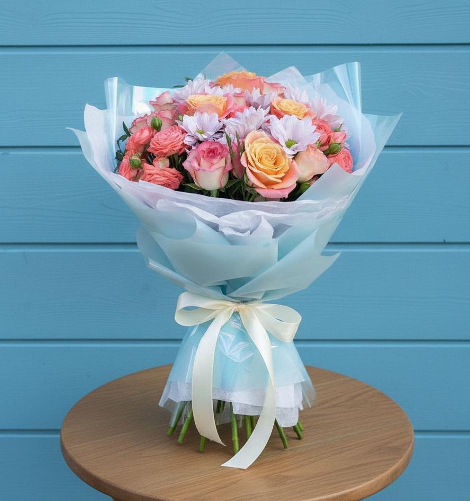 Букет цветов из: Хризантемы и Розы в Старогладовской