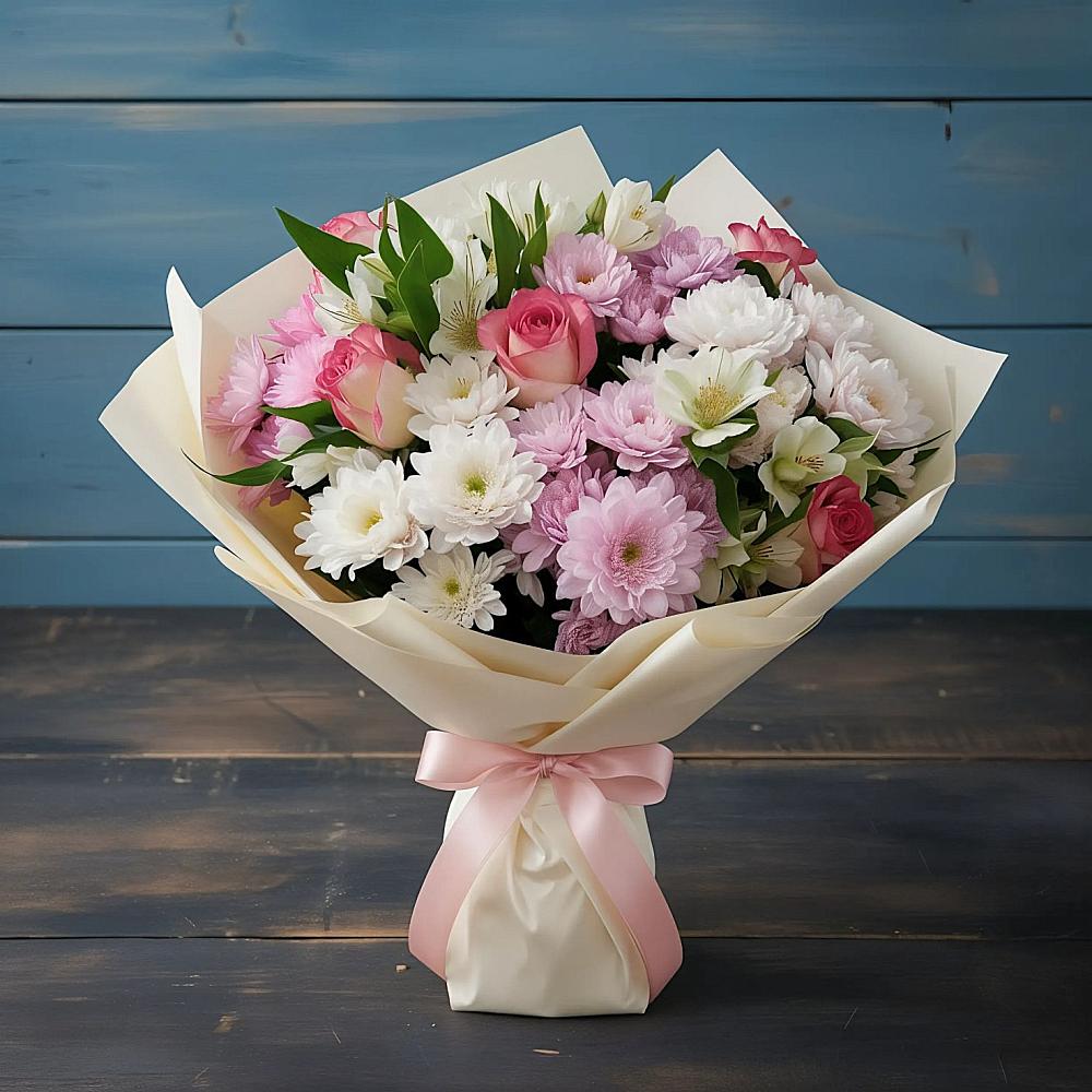 Букет цветов из: Хризантемы, Альстромерии и Розы в Старогладовской